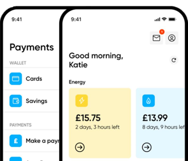 The home screen of a smart meter app. The display shows how much electricity and gas is left on a prepayment meter, allowing customers to keep track of their usage.
