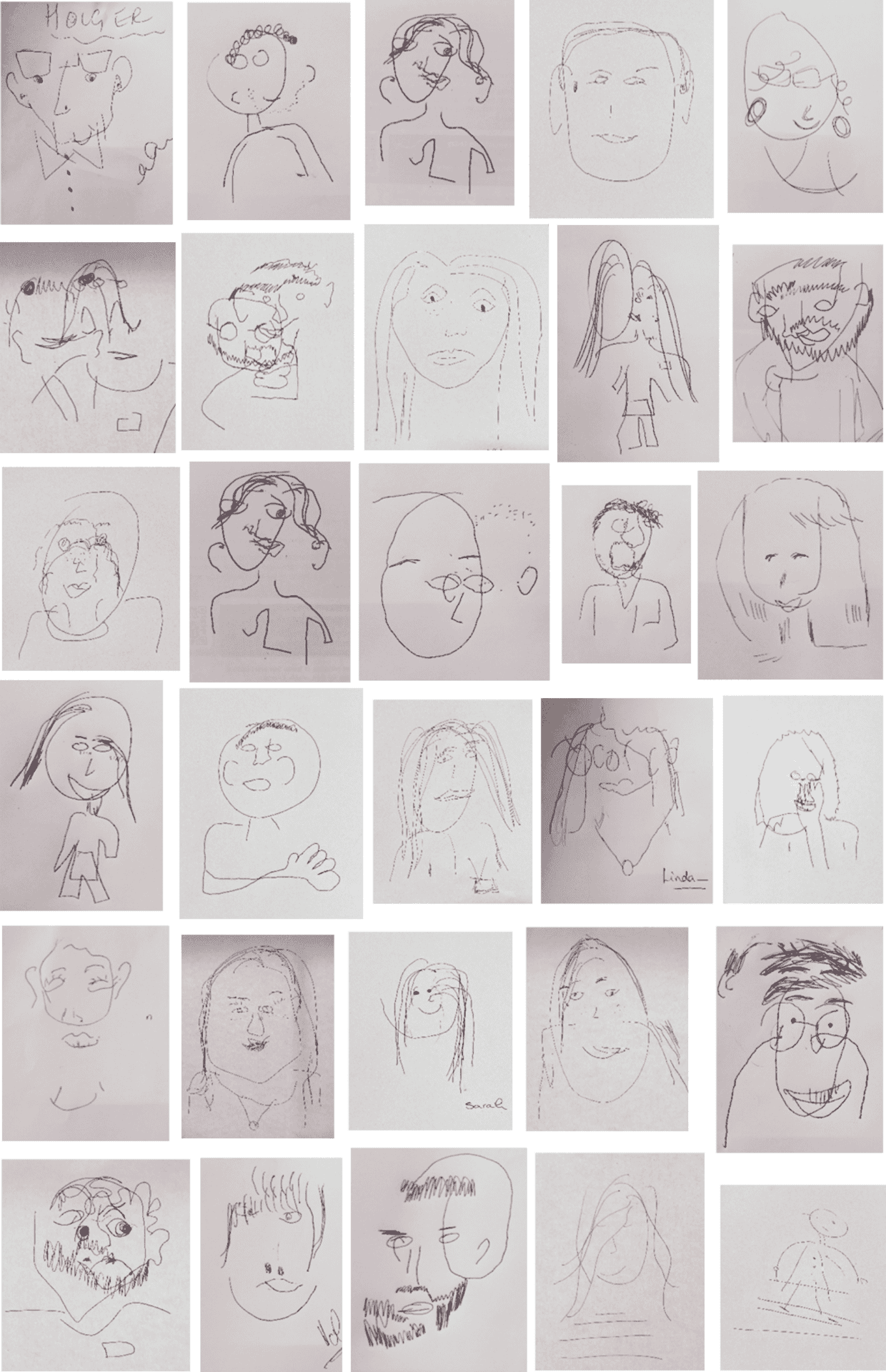 Drawn portraits created by the participants of a workshop.