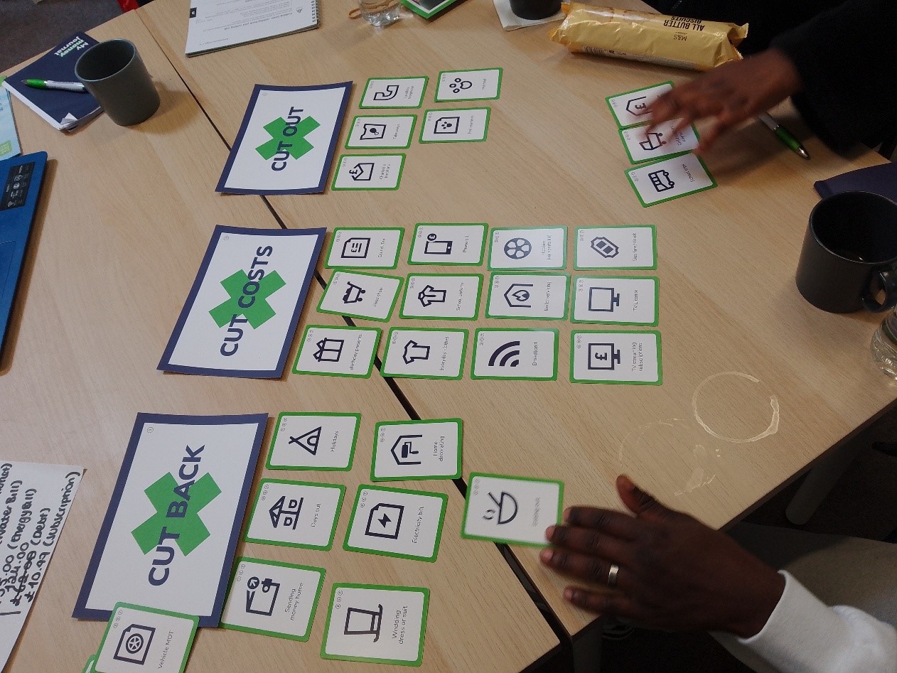 A money saving exercise with cards laid out on a table.