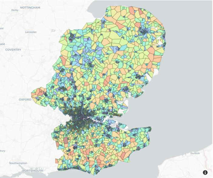 A choropleth map of East England with oranges and greens